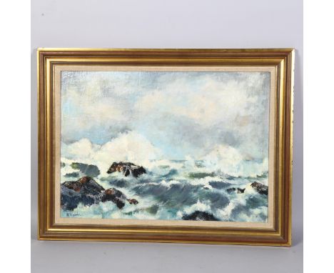 Maria Moreschi, mid century, British, 'Stormy Seascape', oil on board, 48cm x 86cm, framed (unglazed), label to reverse reads