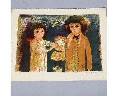 Alistair Grant (British 1925-1997) 'Two Girls' lithograph, dated 1955, signed lower right, image 35cm x 48cm, unframed.Some s