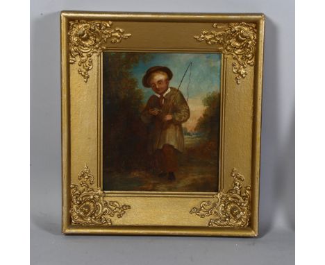 19th century oil on canvas, boy holding fish, unsigned, 22cm x 18.5cm, in gilt frame.Good condition, light craquelure 