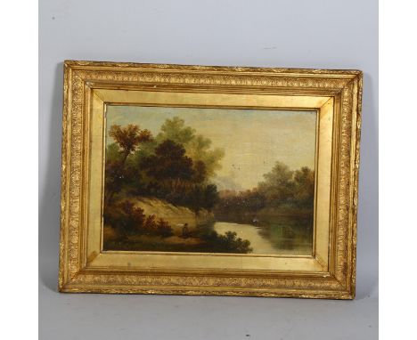 K Davison, early 19th century, man fishing, oil on canvas, 43cm x 29cm, framed Repair to tear in canvas in sky, several small