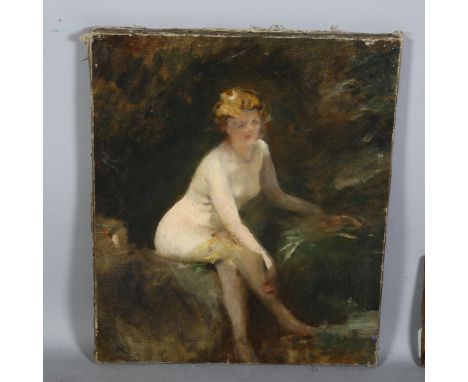 Antonin Mercie (1795-1857), study of a seated nude, oil on canvas, signed, 46cm x 38cm, unframedSome paint loss around edges 