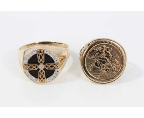 Two 9ct gold signet rings to include St George coin in ring mount, size Q½ and diamond set black onyx panel, size Z+Condition