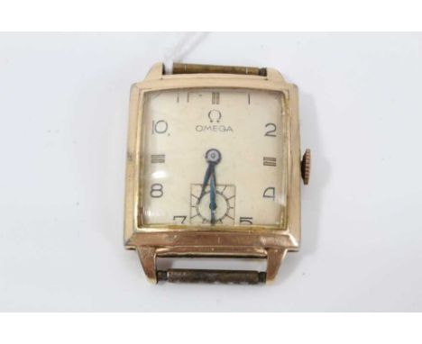 1940s Gentleman's Omega square wristwatch in 14 k gold plated case with cream dial and subsidiary seconds , the case 25mm
