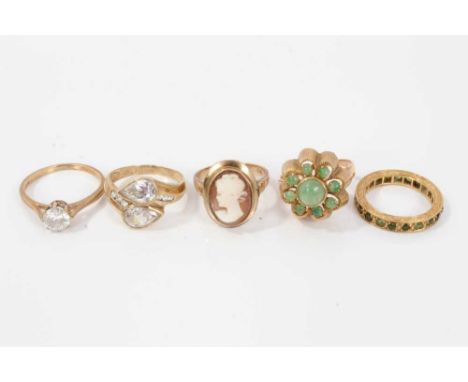 Five gold and gem-set dress rings, two with synthetic white stones in 9ct gold setting, green cabochon cluster ring in 14ct g