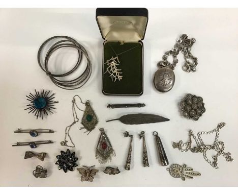 Group silver and white metal jewellery including large oval locket, butterfly wing brooches, ring and necklace, malachite pen