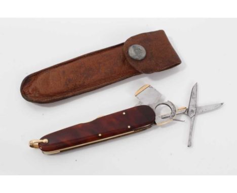 18ct gold mounted and tortoiseshell multi-combination pen knife with gold mounted steel fittings, 8cm, in leather pouchCondit