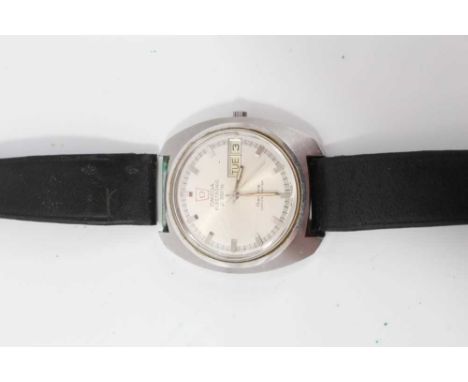 1960s gentlemen's Omega Electronic Genève wristwatch, the circular brushed satin dial with day and date, centre seconds, appl