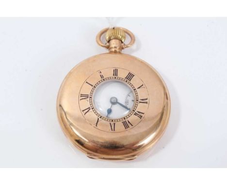 Gentlemans 9ct gold Omega half Hunter pocket watch with subsidiary seconds , signed dial and stem wind movement - the case 50
