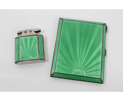 Silver and green guilloche enamel cigarette case, Birmingham 1935, and a matching lighterCondition report: Cigarette case- fu