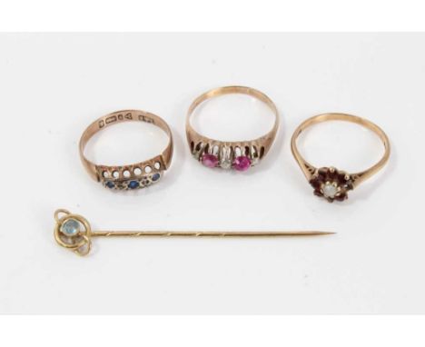 Two 9ct gold gem set dress rings, one other yellow metal diamond and pink stone ring and a Victorian 9ct gold stick pinCondit