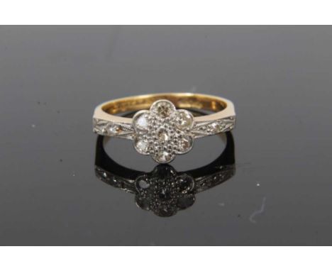 1920s diamond cluster ring with a daisy head cluster of single cut diamonds in platinum setting on 18ct yellow gold shank. Ri