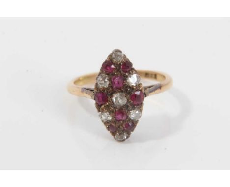 Victorian 18ct gold ruby and diamond marquise shape cluster ring, size KCondition report: Weight 3.5g