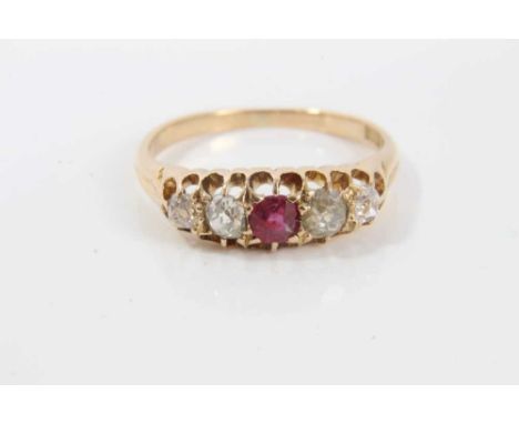 Late Victorian 18ct gold diamond and ruby five stone ring with a central round mixed cut ruby flanked by four old cut diamond