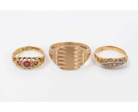 18ct yellow gold ruby and diamond ring together with another 18ct gold ring and a  9ct gold cignet ring. 8.2 grams total.