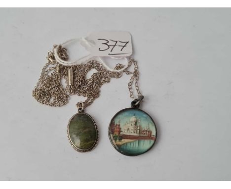 A vintage hand painted Taj Mahal silver picture pendant on silver chain &amp; another silver necklace