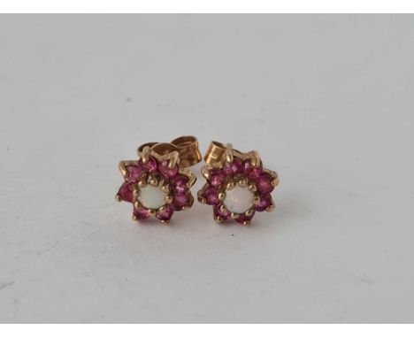 A pair of opal and ruby cluster earrings 9ct 