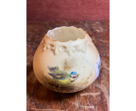 Royal Worcester vase painted with Bluetit on gilt branch 2.5" high