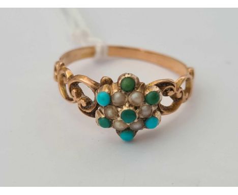 A Victorian pearl and turquoise cluster ring with pierced shoulders, size n - 1.6 gms 