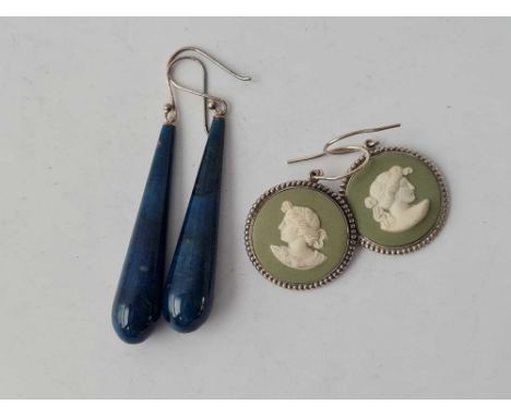 A pair of vintage silver Wedgwood earrings and large pair of silver lapis drop earrings 
