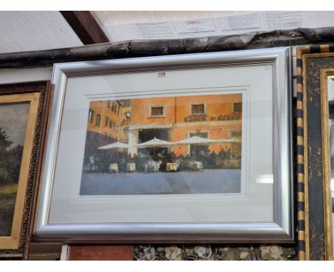 M C Alexander, a French cafe scene, signed in pencil and numbered 11/195, colour print, I.34.5 x 53.5cm.  