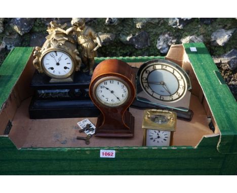 A Smith's Sectric mantel clock;&nbsp;together with a marble and slate mantel clock; a carriage clock; and an inlaid balloon c