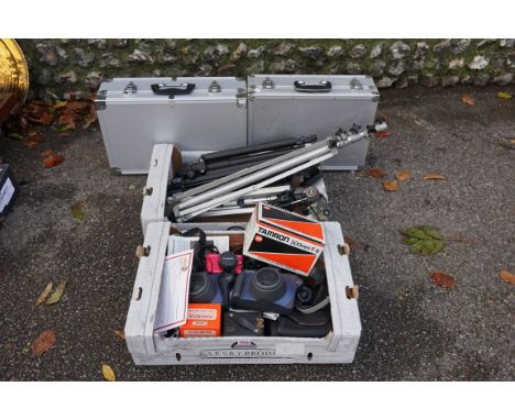 Cameras: a quantity of equipment, to include; a Lumix GF2, two Fujifilm instant cameras, camera tripods and two steel camera 