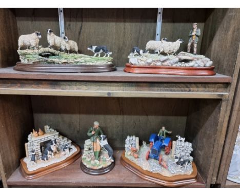 Five Border Fine Arts figure groups, to include a farmer and tractor, each on wood base. 