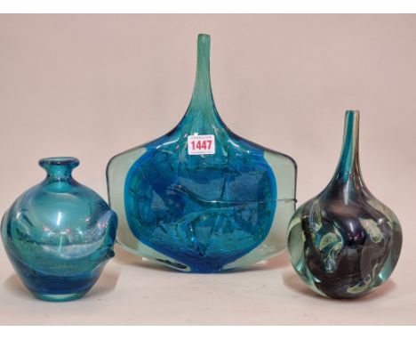 A large Mdina 'Fish Axe Head' glass vase, in the manner of Michael Harris, dated 1980, 28cm high; together with two other sma