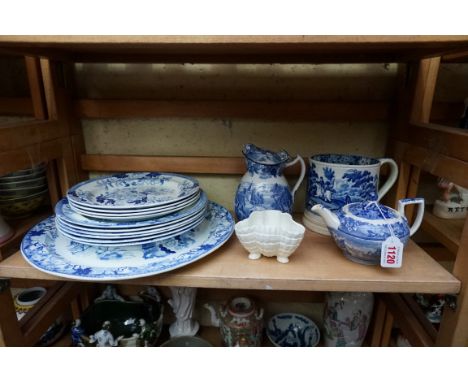 A collection of English blue and white pottery, to include a 19th century porter mug, (cracked); together with a Royal Worces