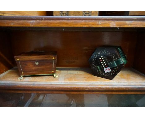 An antique faux grained concertina, of hexagonal form, numbered 15805; together with a Regency rosewood tea caddy, 21cm wide.
