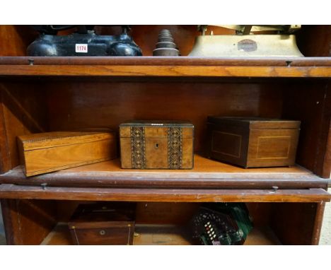 A satinwood and inlaid rectangular box and cover, 25.5cm wide; together with a Victorian walnut and parquetry tea caddy; and 