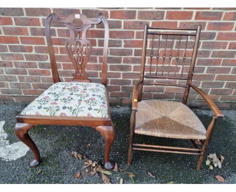 An antique mahogany dining chair, having tapestry set;&nbsp;together with an oak and cane seated chair. (2) 
