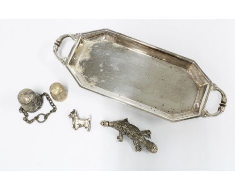 Silver plate trinket dish, two thimbles a thimble holder on chain and a platypus, etc (a lot) 