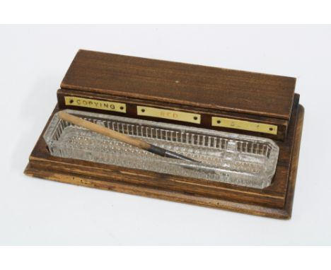 Art Deco desk writing organiser with three inkwells labelled copying, red &amp; black ,14 x 24cm 