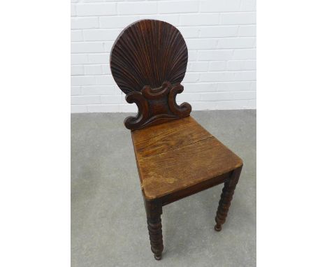 Primitive oak hall chair, with shell back, solid seat and bobbin turned legs, 88 x 38 x 34cm 