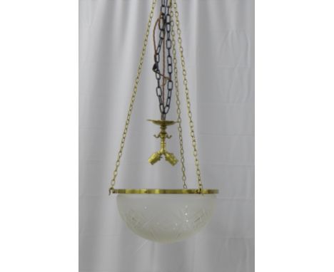 A vintage glass domed uplighter ceiling light with brass chains, approximately 35cm wide 