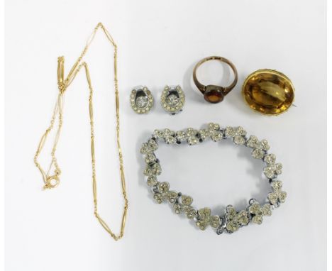 9ct gold ring, citrine brooch in yellow metal frame and a yellow metal necklace (clasp a/f) together with a paste set bracele
