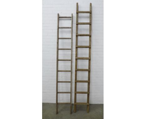 Two vintage wooden step ladders, taller 258cm x 46cm (2) 