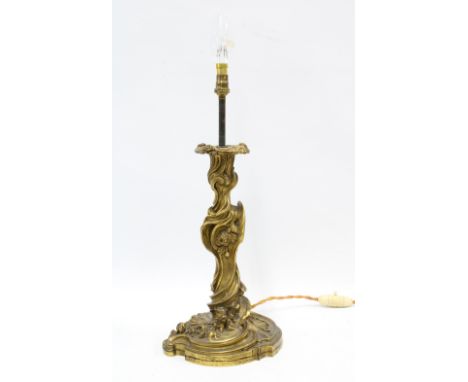 Rococo style gilt metal table lamp decorated with roses, 42cm, with associated white shade 