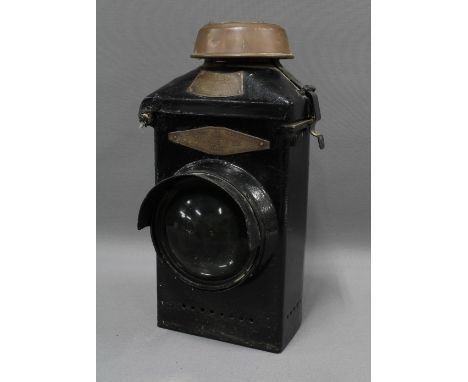 Black railway lantern by Lamp Manufacturers and Railway Supplies Ltd London, "ADLAKE" No. 22, Marked B.R. (E) on the top, 37c