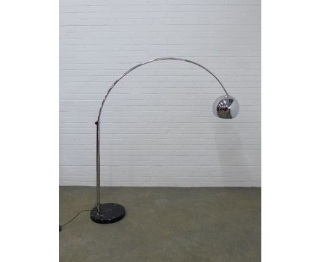 Chrome floor standing arc lamp with marble base. 166 x 164cm. 