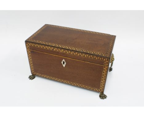 Mahogany tea caddy greek key border, on paw feet, lion head handles and with blue glass insert, 14 x 25cm 