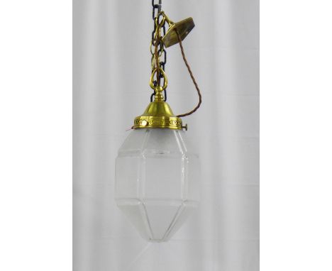 Lantern shaped brass and glass ceiling light, approximately 20cm diameter 