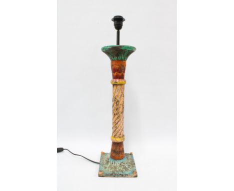 Contemporary polychrome painted wood table lamp base, distressed finish, 55cm 