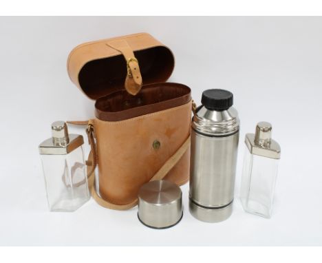 Contemporary leather cased set with thermos  flask and angular glass bottles, 26 x 20cm 