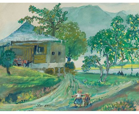 OSKAR LASKE   (Czernowitz 1874 - 1951 Wien)  Vom Attersee, 1948  Gouache/Papier, 37,5 x 48,5 cm signiert O. Laske, datiert 19