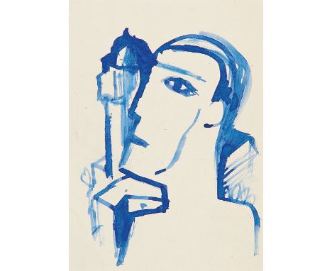 CARRY HAUSER*   (Wien 1895 - 1985 Rekawinkel)  Blauer Kopf  Tusche, laviert/Papier, 14,9 x 10,5 cm abgebildet in Carry Hauser