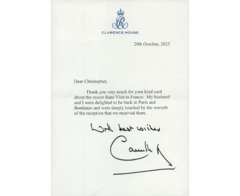Her Majesty the Queen- Queen Camilla signed Clarence House letter , on embossed stationary dated 20th October 2023, from the 