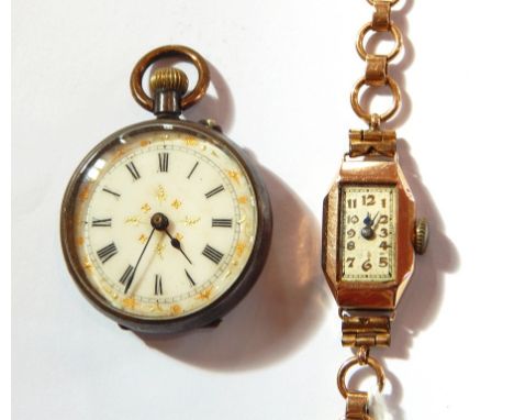 A lady's 9ct gold-cased wristwatch with rectangular dial, on a 9ct gold  chain bracelet together with a lady's open-faced ena