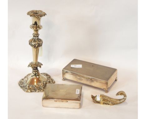 A silver plated cigarette box, engine-turned lid, a similar smaller, a brass dolphin door knocker/paperweight, a lidded servi